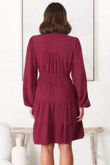 Soho Mini Dress - A Line Button Down Tiered Dress in Berry