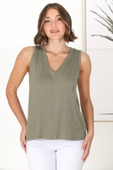 Sienna Tank Top - Soft V Neck Slight High-Low Top in Khaki