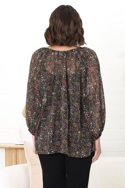 Marietta Top - Pull Over Plisse Blouse with Gold Tinsel Threading in Liz Print