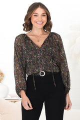 Marietta Top - Pull Over Plisse Blouse with Gold Tinsel Threading in Liz Print