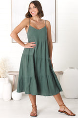 Rinley Midi Dress - Adjustable Strap Tiered Dress in Forest Green