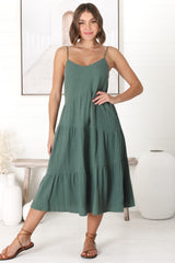 Rinley Midi Dress - Adjustable Strap Tiered Dress in Forest Green