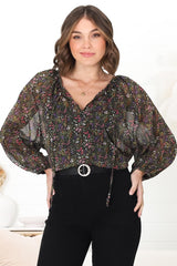 Marietta Top - Pull Over Plisse Blouse with Gold Tinsel Threading in Liz Print