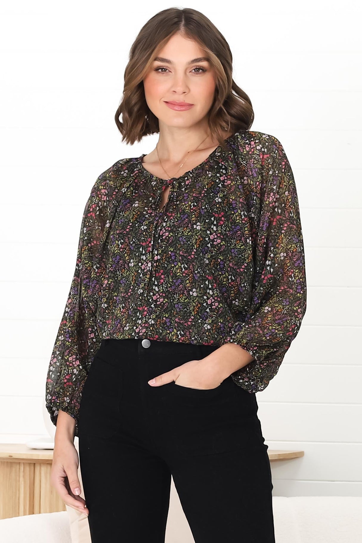 Marietta Top - Pull Over Plisse Blouse with Gold Tinsel Threading in Liz Print