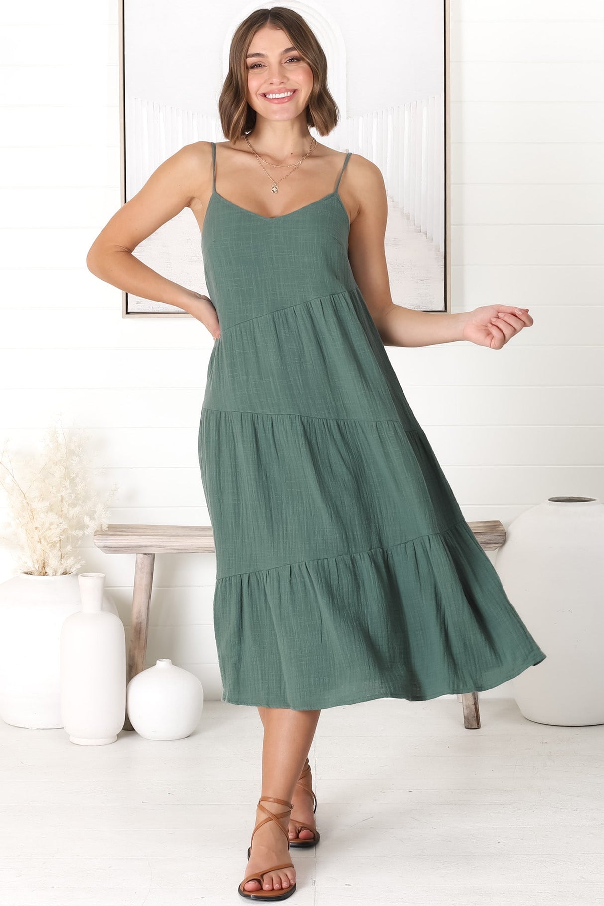 Rinley Midi Dress - Adjustable Strap Tiered Dress in Forest Green