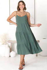 Rinley Midi Dress - Adjustable Strap Tiered Dress in Forest Green