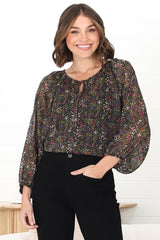 Marietta Top - Pull Over Plisse Blouse with Gold Tinsel Threading in Liz Print