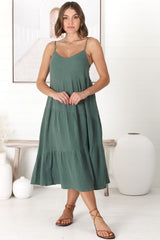 Rinley Midi Dress - Adjustable Strap Tiered Dress in Forest Green