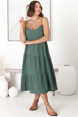 Rinley Midi Dress - Adjustable Strap Tiered Dress in Forest Green