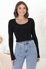 Dorothy Top - Scoop Neck Long Sleeve Ribbed Crop in Black