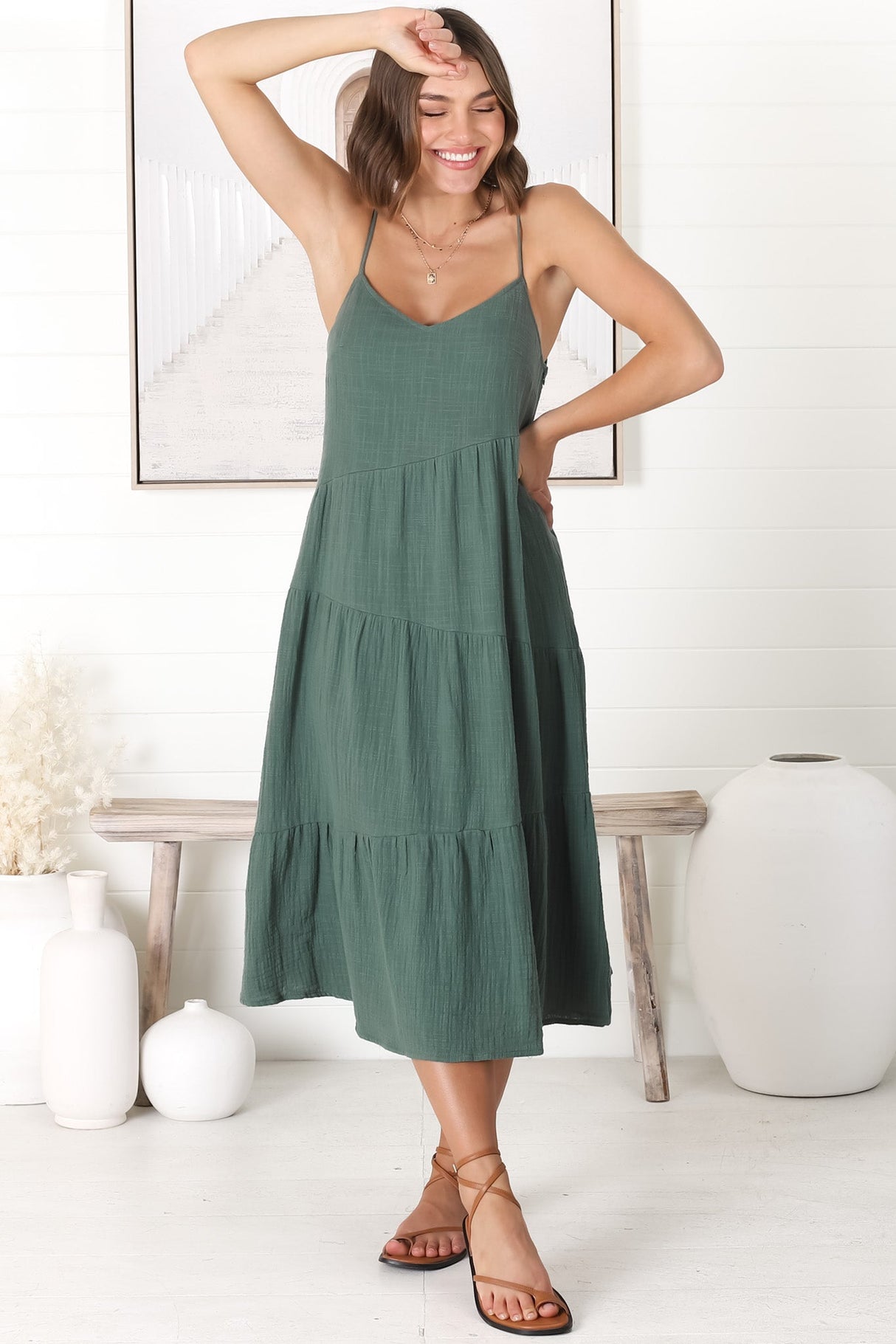 Rinley Midi Dress - Adjustable Strap Tiered Dress in Forest Green