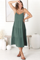 Rinley Midi Dress - Adjustable Strap Tiered Dress in Forest Green