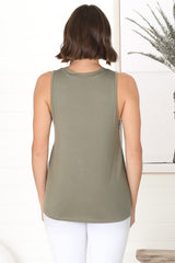 Sienna Tank Top - Soft V Neck Slight High-Low Top in Khaki