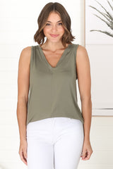 Sienna Tank Top - Soft V Neck Slight High-Low Top in Khaki