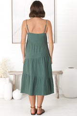 Rinley Midi Dress - Adjustable Strap Tiered Dress in Forest Green
