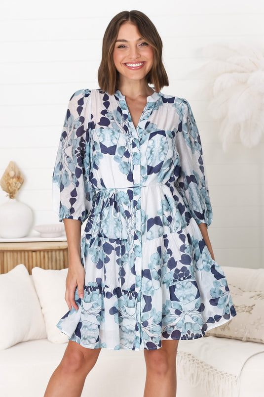 Cadell 3/4 Sleeve Mini Dress - Mandarin Collar Button Down Dress in Calea Print Blue