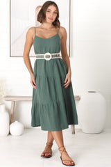 Rinley Midi Dress - Adjustable Strap Tiered Dress in Forest Green