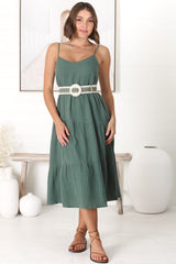 Rinley Midi Dress - Adjustable Strap Tiered Dress in Forest Green