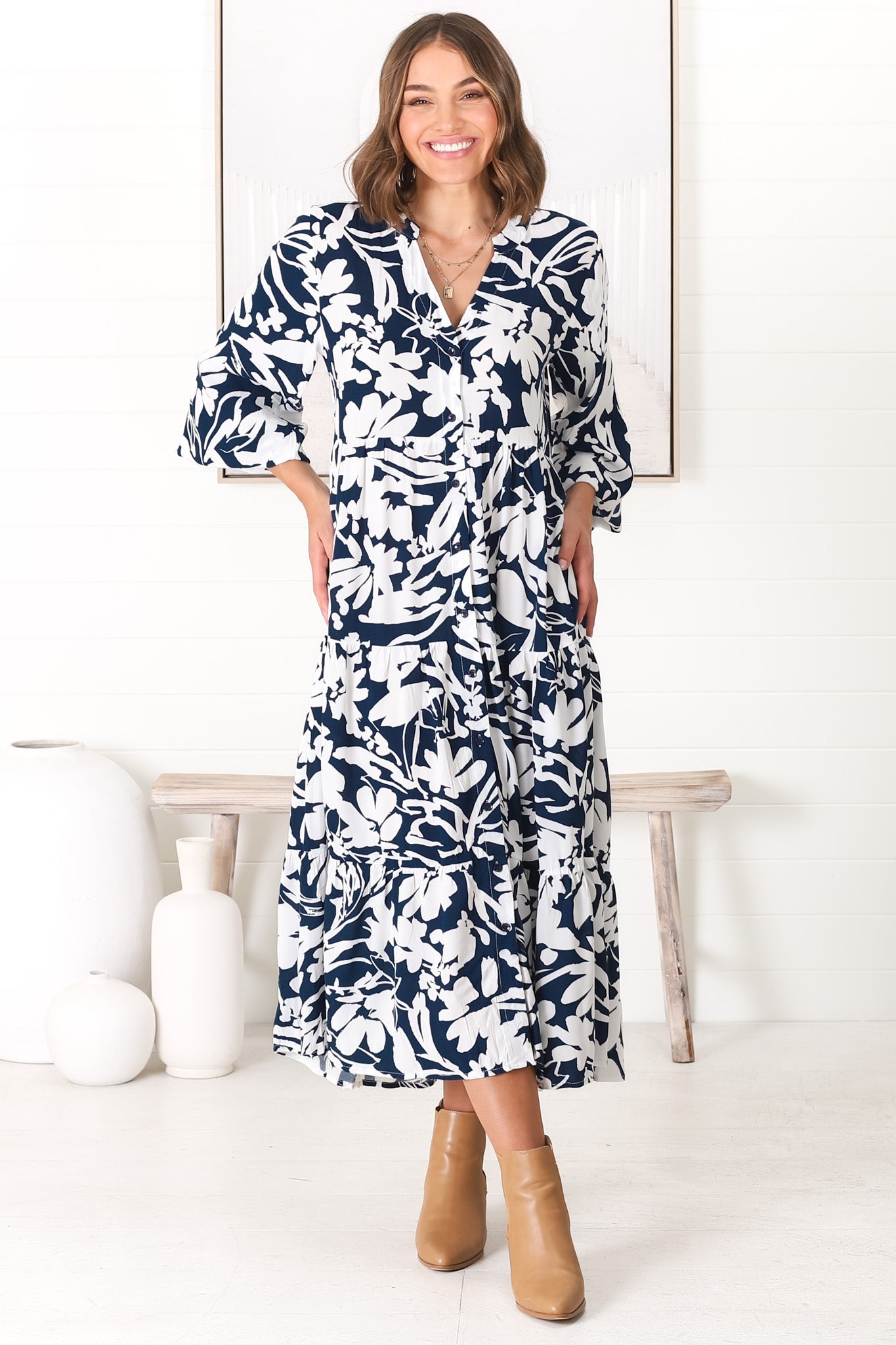 Avery Midi Dress - Relaxed Button Down Tiered Dress with Balloon Sleeves in Charis Blue