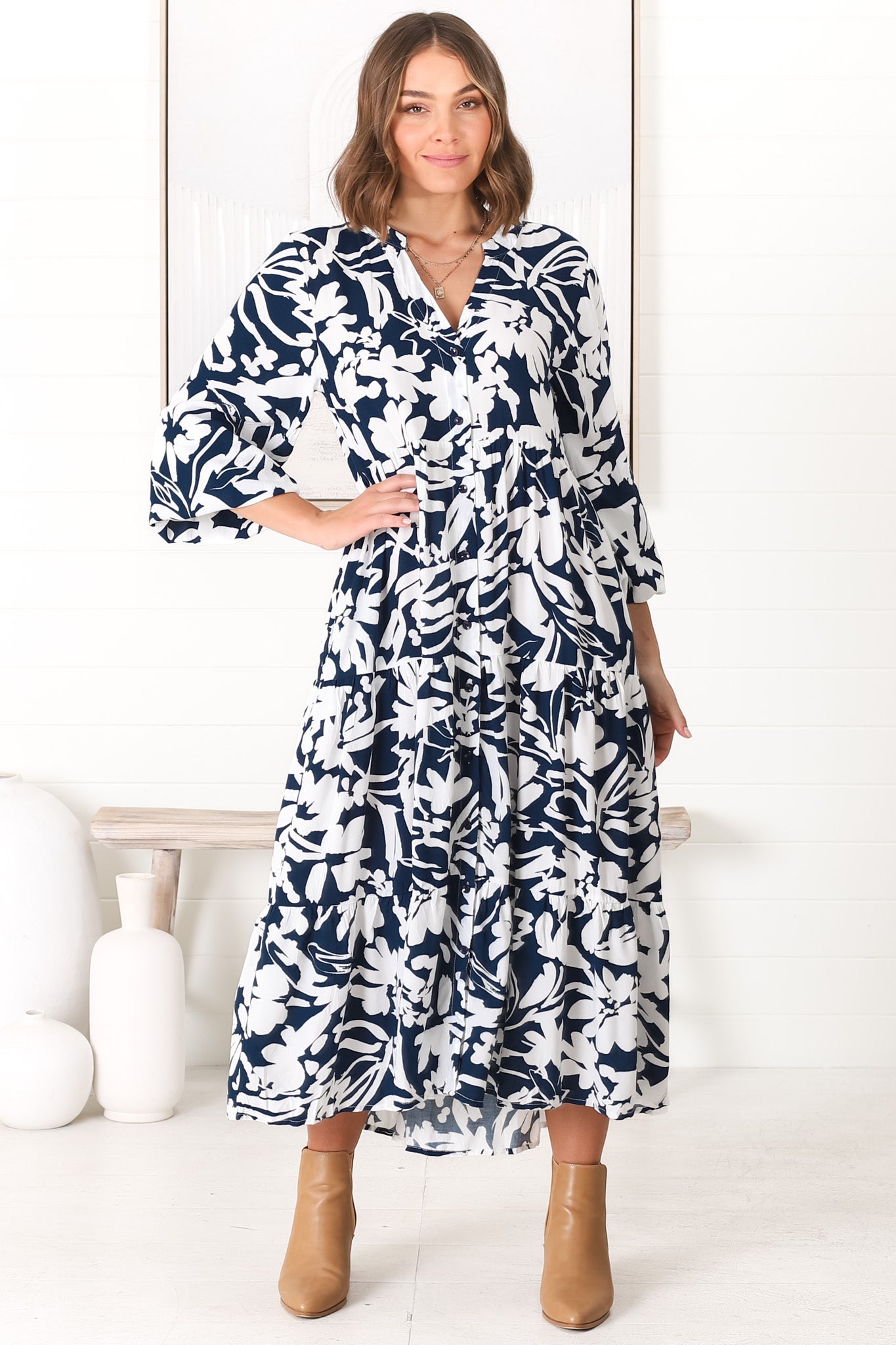 Avery Midi Dress - Relaxed Button Down Tiered Dress with Balloon Sleeves in Charis Blue