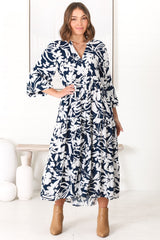 Avery Midi Dress - Relaxed Button Down Tiered Dress with Balloon Sleeves in Charis Blue