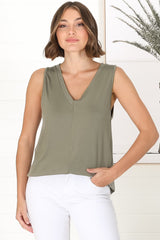 Sienna Tank Top - Soft V Neck Slight High-Low Top in Khaki