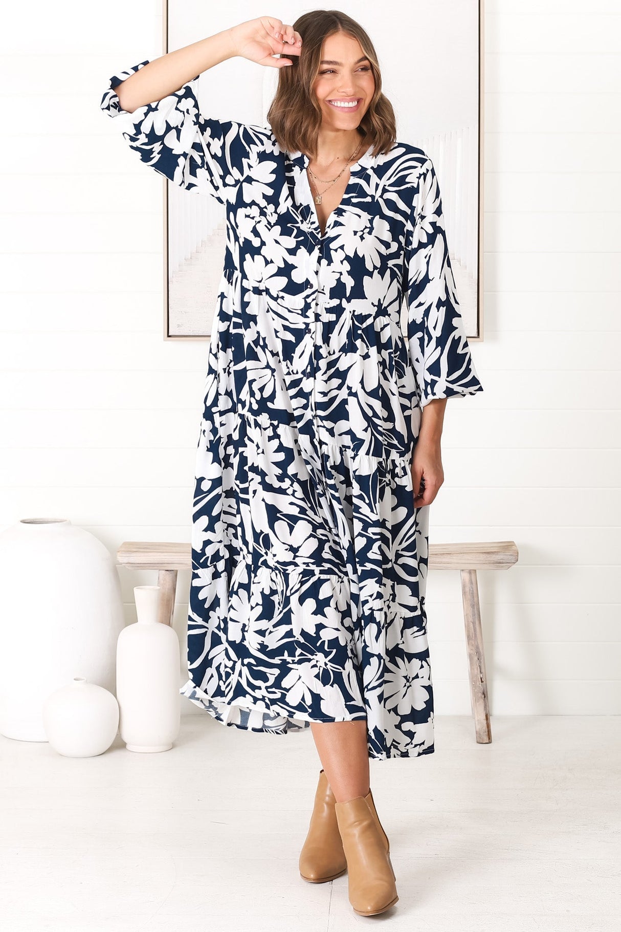 Avery Midi Dress - Relaxed Button Down Tiered Dress with Balloon Sleeves in Charis Blue