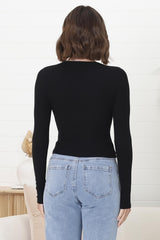 Dorothy Top - Scoop Neck Long Sleeve Ribbed Crop in Black