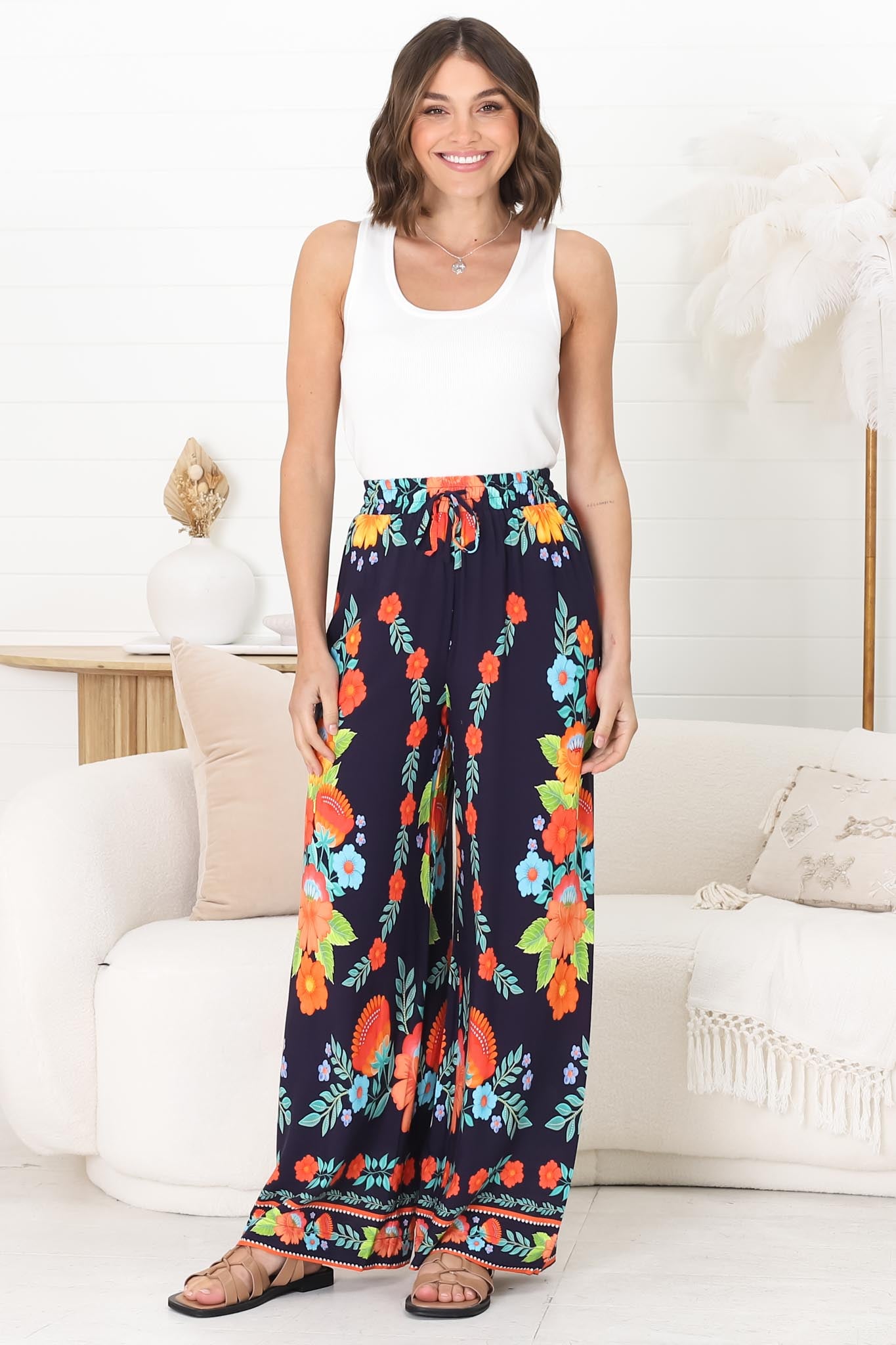 Anette Pants - Easy Wear High Waisted Straight Leg Pant in Octavia Print Navy