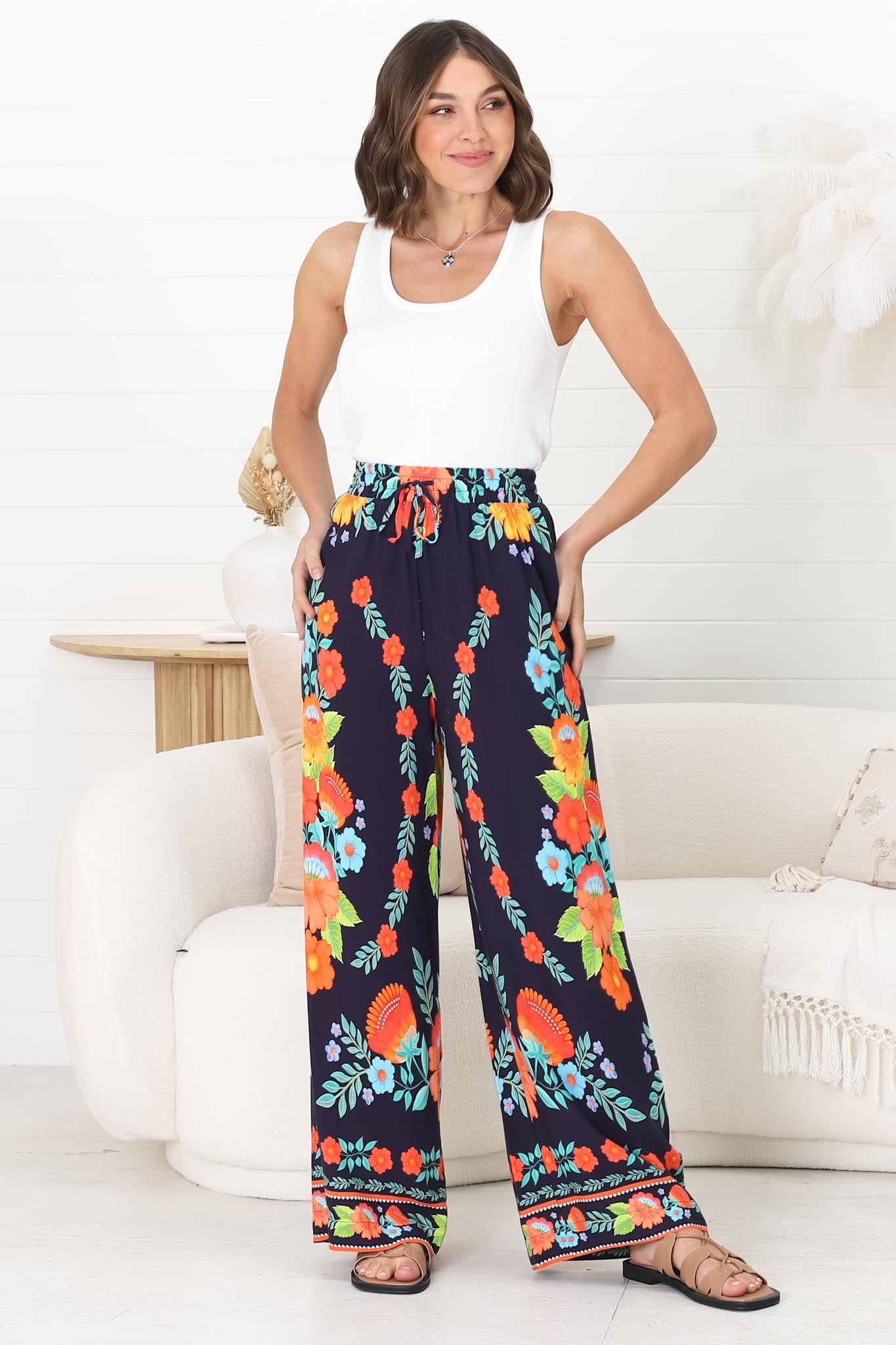 Anette Pants - Easy Wear High Waisted Straight Leg Pant in Octavia Print Navy