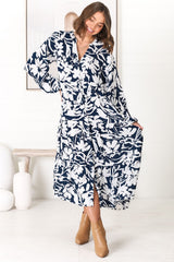 Avery Midi Dress - Relaxed Button Down Tiered Dress with Balloon Sleeves in Charis Blue