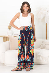 Anette Pants - Easy Wear High Waisted Straight Leg Pant in Octavia Print Navy