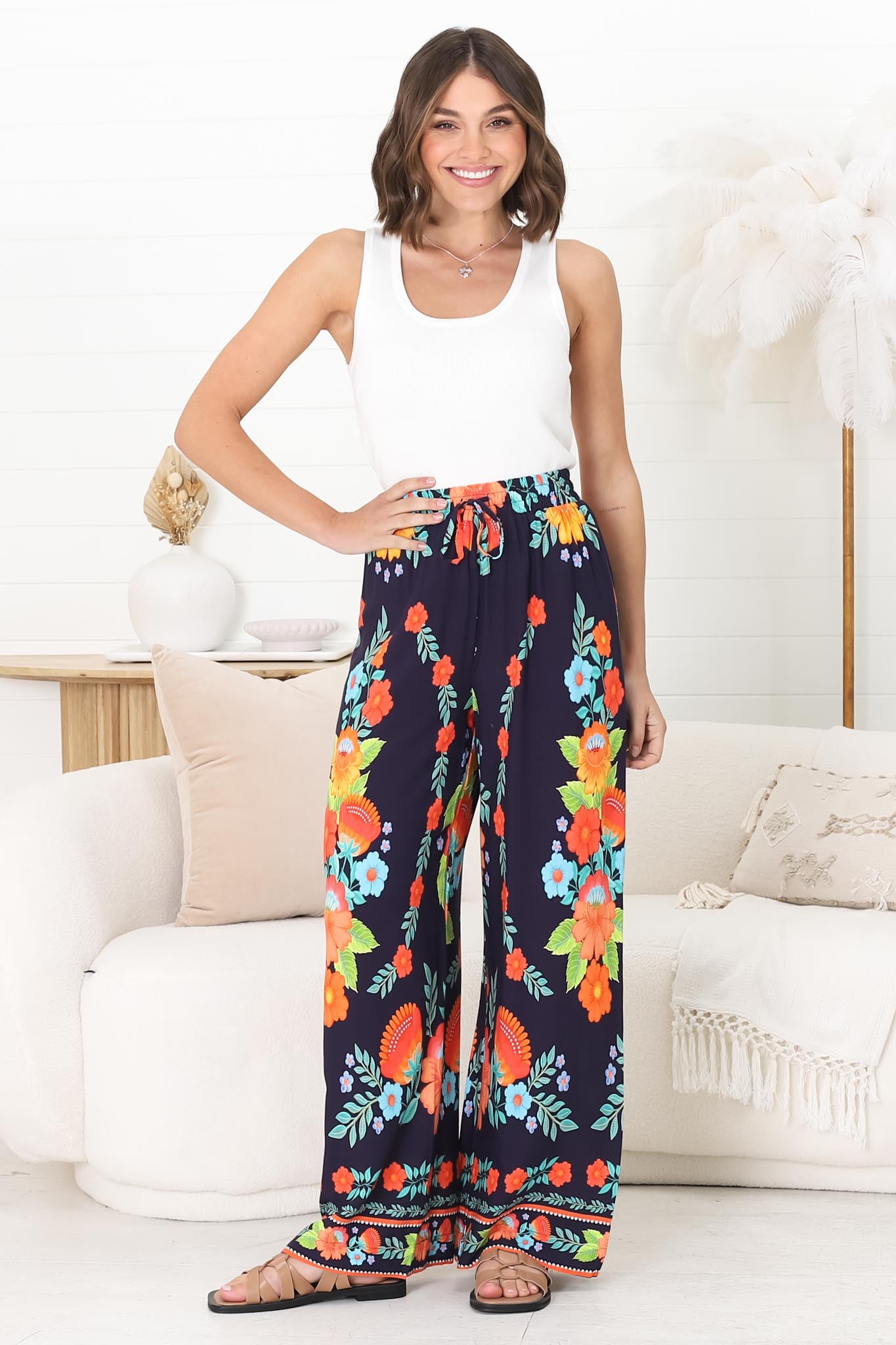 Anette Pants - Easy Wear High Waisted Straight Leg Pant in Octavia Print Navy