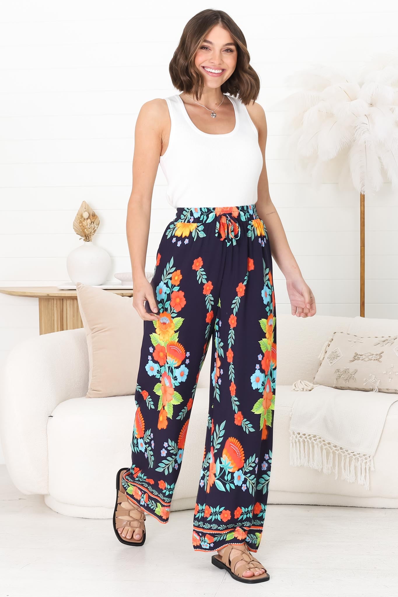 Anette Pants - Easy Wear High Waisted Straight Leg Pant in Octavia Print Navy