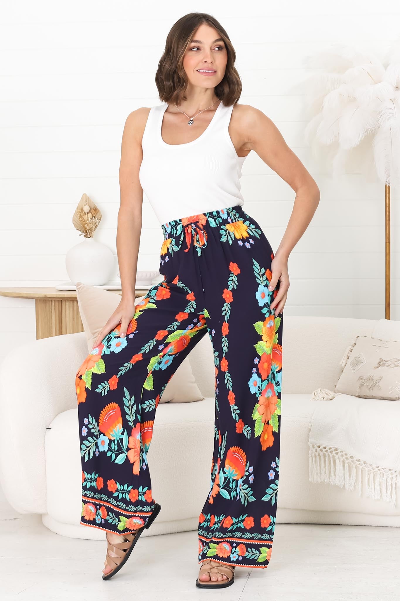 Anette Pants - Easy Wear High Waisted Straight Leg Pant in Octavia Print Navy