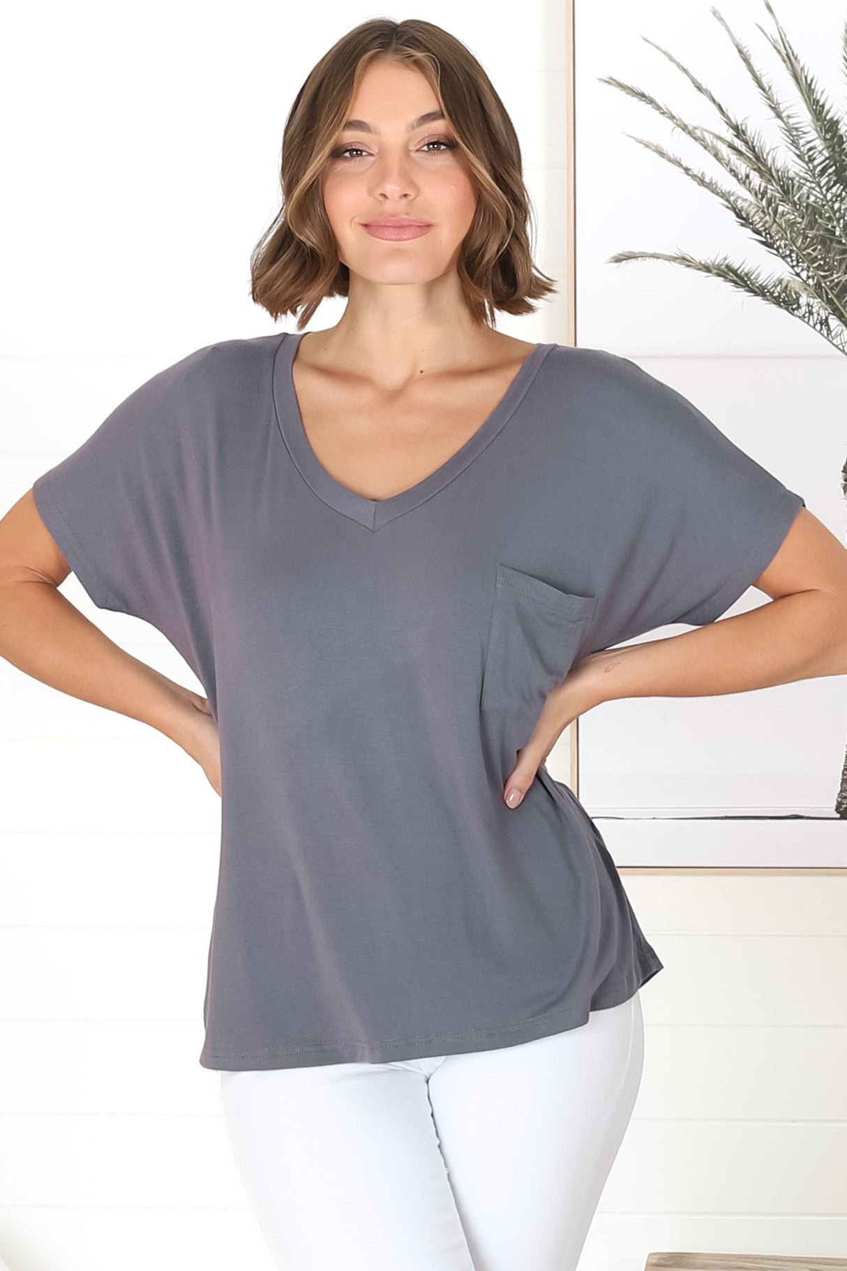 Rose T-Shirt - Relaxed Tee with Bust Pocket Detail in Grey