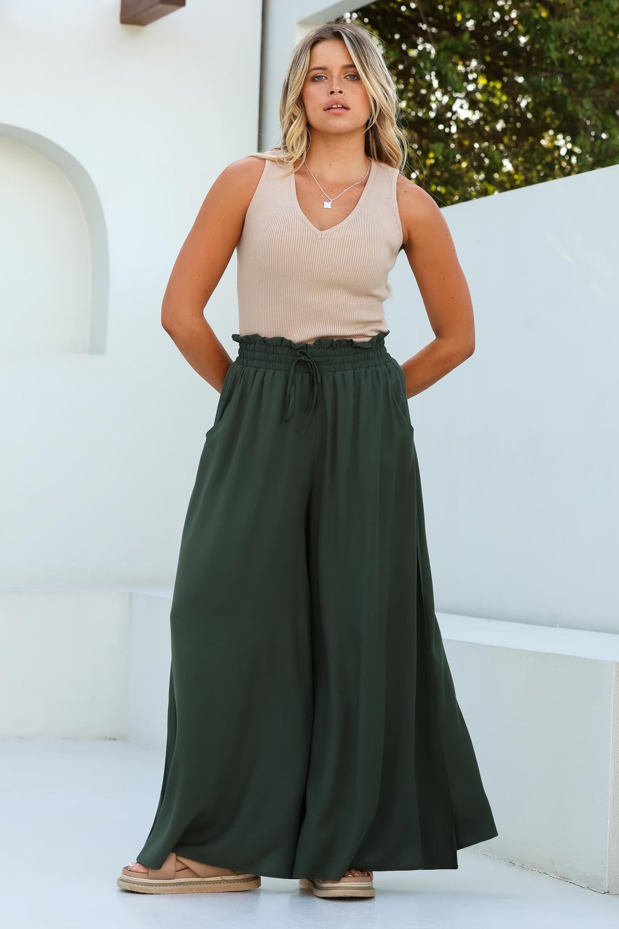 Charli Pants - Paper Bag High Waisted Wide Leg Pants in Olive