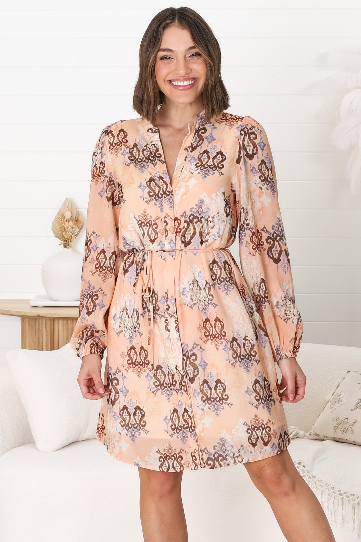 Danny Mini Dress - Mandarin Collar Buttoned Down Dress in Pilar Print