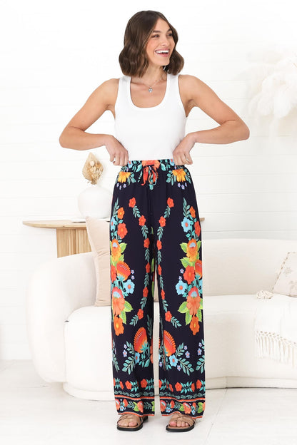 Anette Pants - Easy Wear High Waisted Straight Leg Pant in Octavia Print Navy