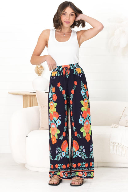 Anette Pants - Easy Wear High Waisted Straight Leg Pant in Octavia Print Navy