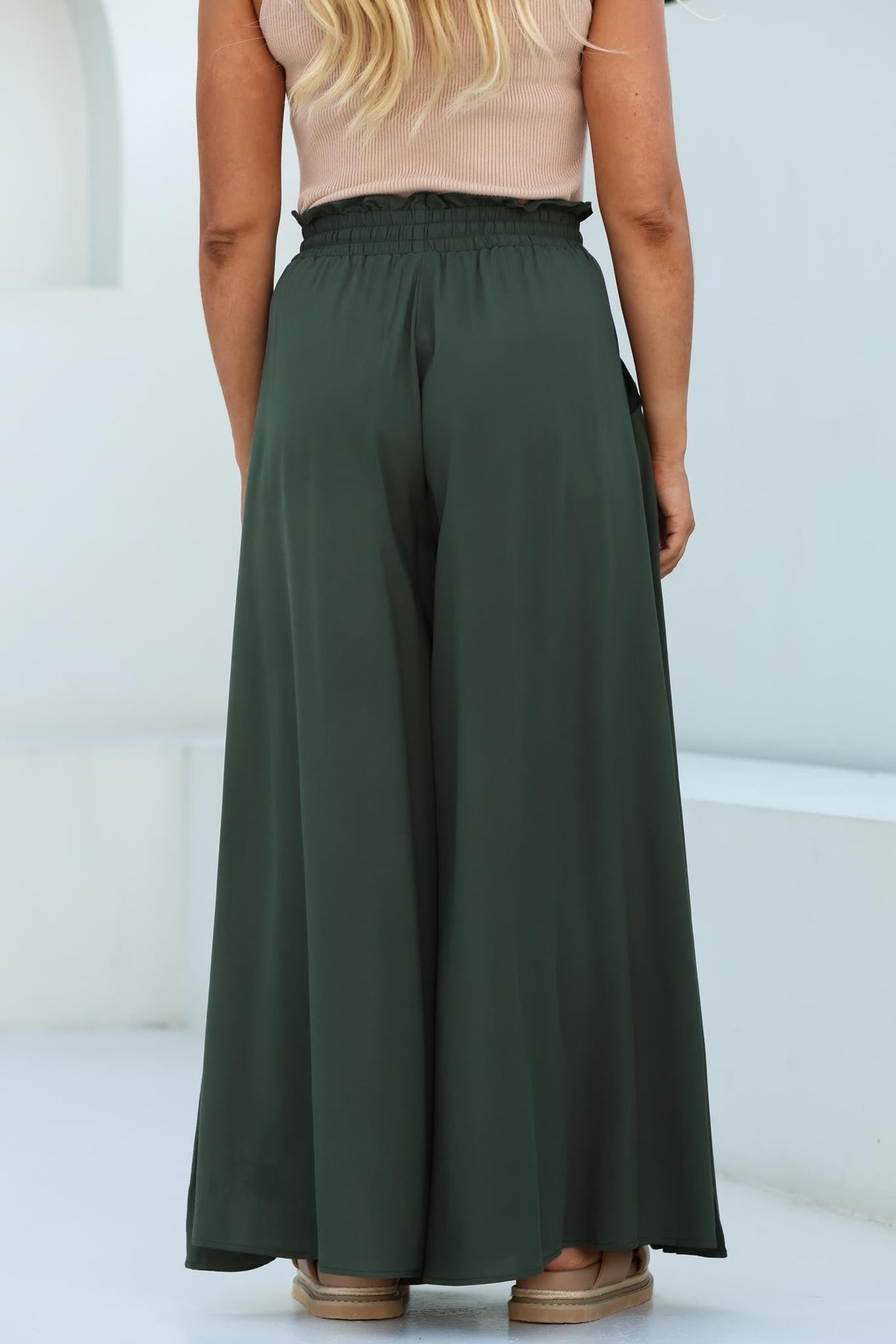 Charli Pants - Paper Bag High Waisted Wide Leg Pants in Olive