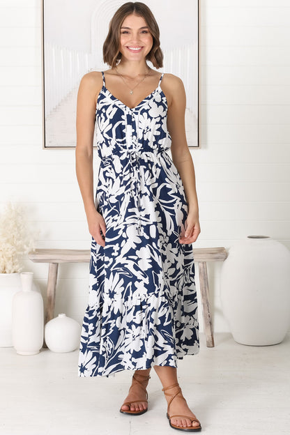 Ansel Midi Dress - Adjustable Strap Sun Dress in Charis Print Blue