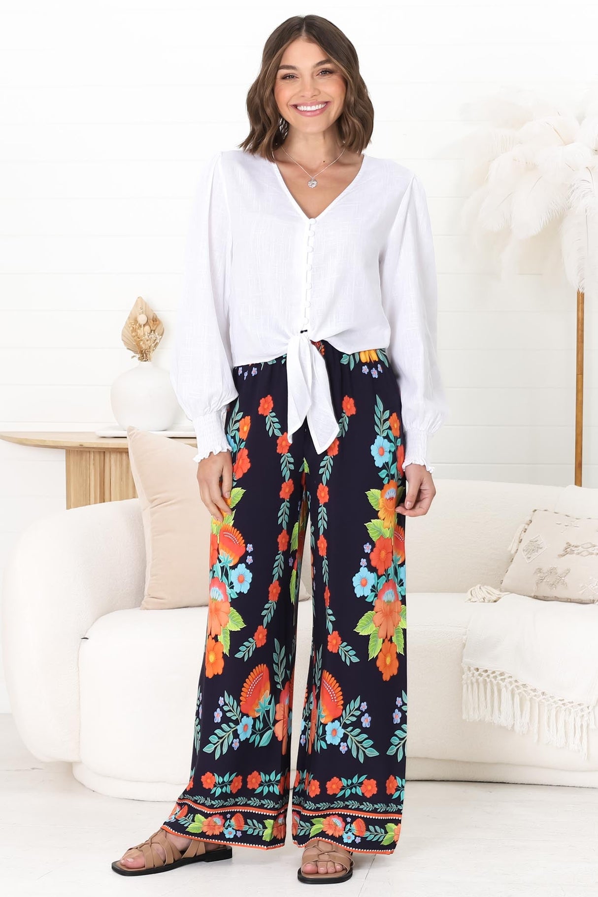 Anette Pants - Easy Wear High Waisted Straight Leg Pant in Octavia Print Navy