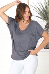 Rose T-Shirt - Relaxed Tee with Bust Pocket Detail in Grey