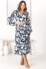 Avery Midi Dress - Relaxed Button Down Tiered Dress with Balloon Sleeves in Charis Blue