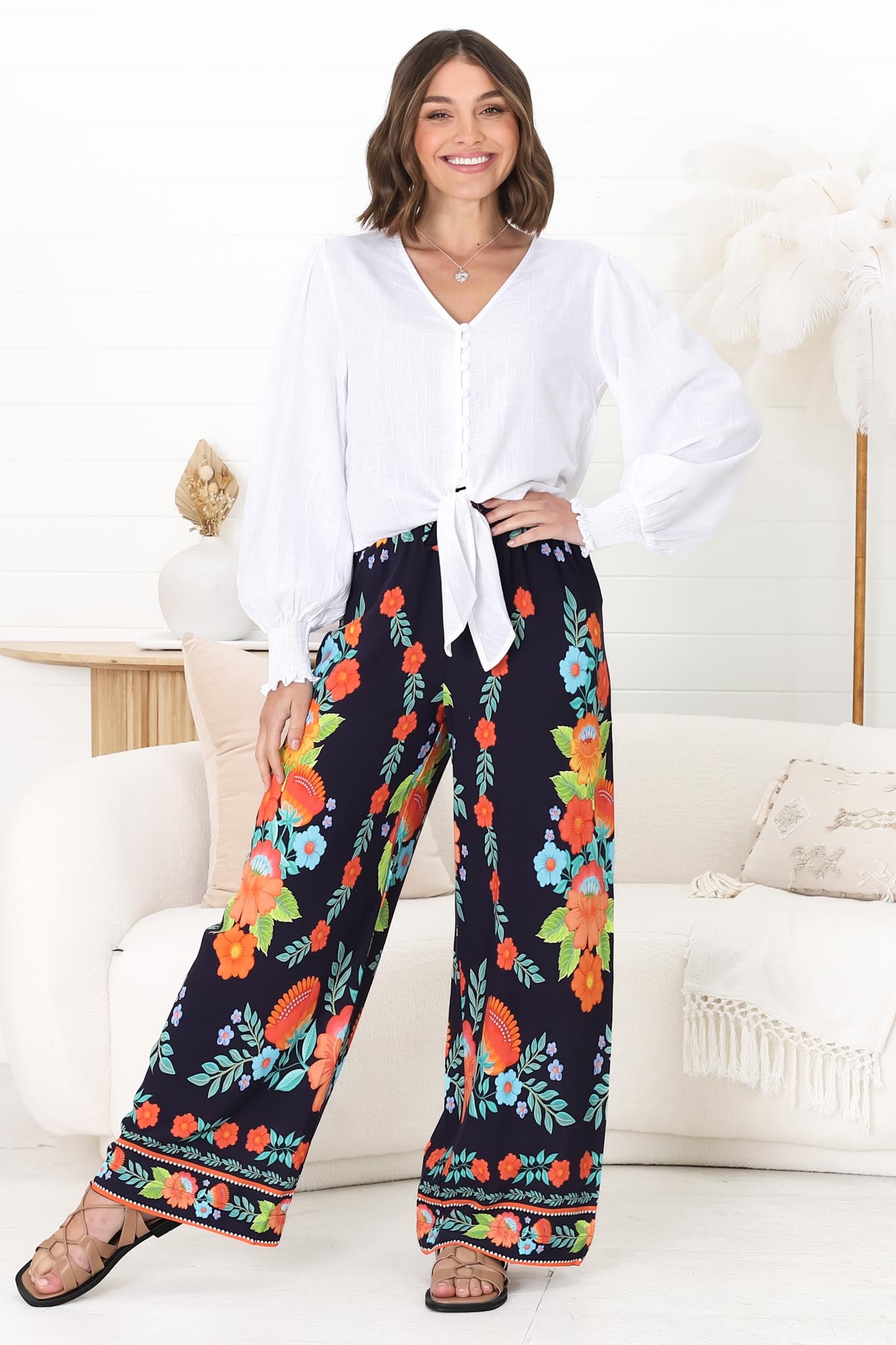 Anette Pants - Easy Wear High Waisted Straight Leg Pant in Octavia Print Navy