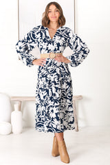 Avery Midi Dress - Relaxed Button Down Tiered Dress with Balloon Sleeves in Charis Blue