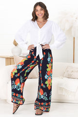 Anette Pants - Easy Wear High Waisted Straight Leg Pant in Octavia Print Navy