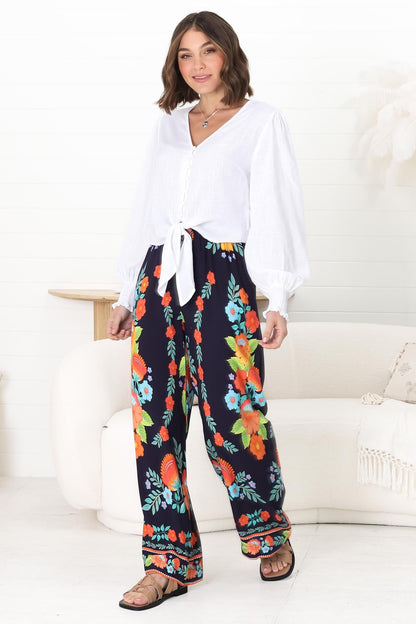 Anette Pants - Easy Wear High Waisted Straight Leg Pant in Octavia Print Navy