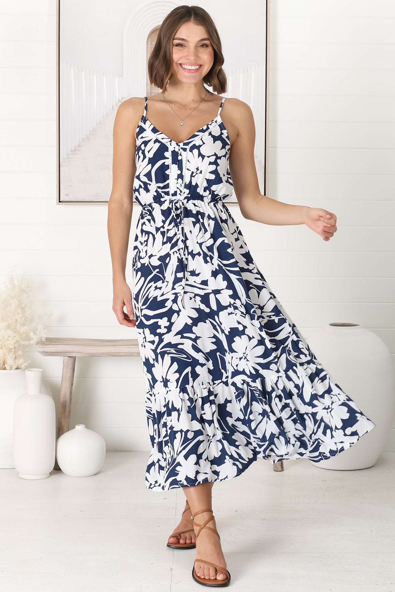 Ansel Midi Dress - Adjustable Strap Sun Dress in Charis Print Blue